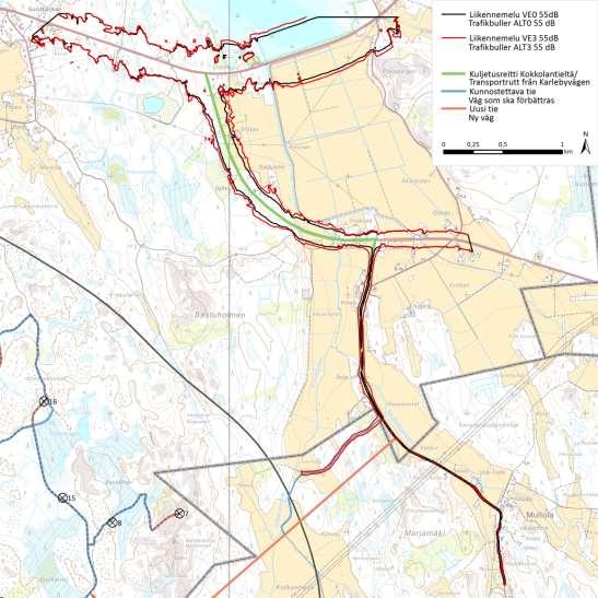 Bild 9.3. Modellerade zoner där medelljudnivån för trafikbuller är 55 db dagtid under byggtiden. Tabell 9.5. Objekt på de olika bullerzonerna i alternativ 1.