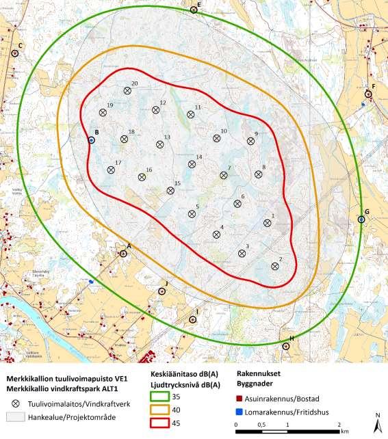 Bild 9.4. Bullermodellens resultat i alternativ 1 (20 kraftverk). Tabell 9.7. Modellerade medelljudnivåer vid bullerkänsliga objekt (Alt 1). Byggnaden märkt med en asterisk används inte.