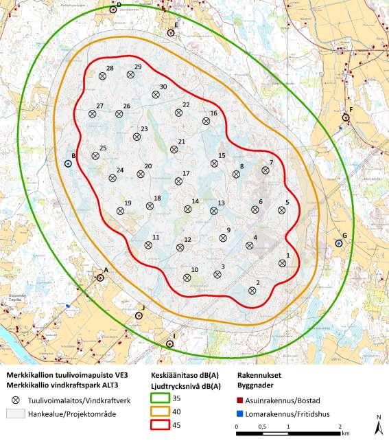 Området där medelljudnivån överskrider 35 db är cirka 33 km 2 stort och det sträcker sig 1,2 1,5 kilometer från de närmaste kraftverken.