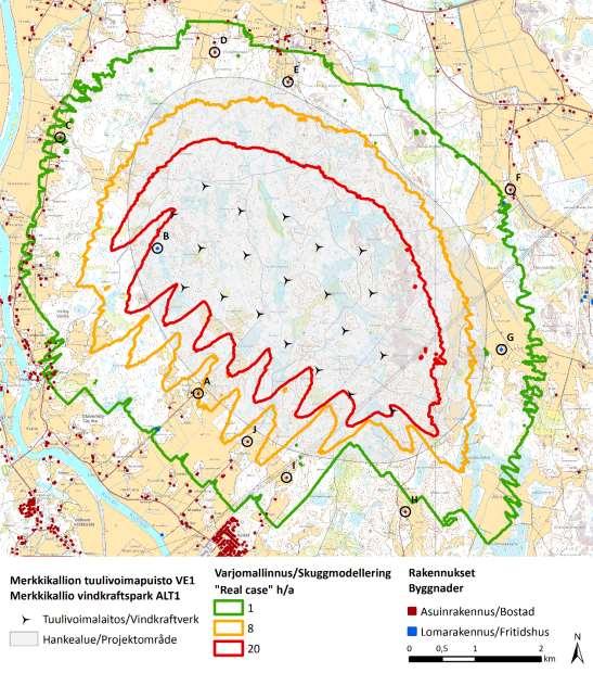 Tabell 9.13. Fasta bostäder och fritidshus på vindkraftsparkens skuggbildningsområde i alternativ 1. Inom parentes visas fritidshuset som OX2 hyrt för vindkraftsparken.