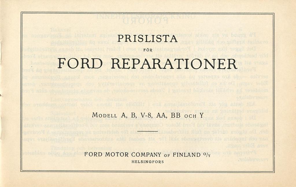 PRISLISTA FÖR FORD REPARATIONER Modell A, B, V-8, AA,