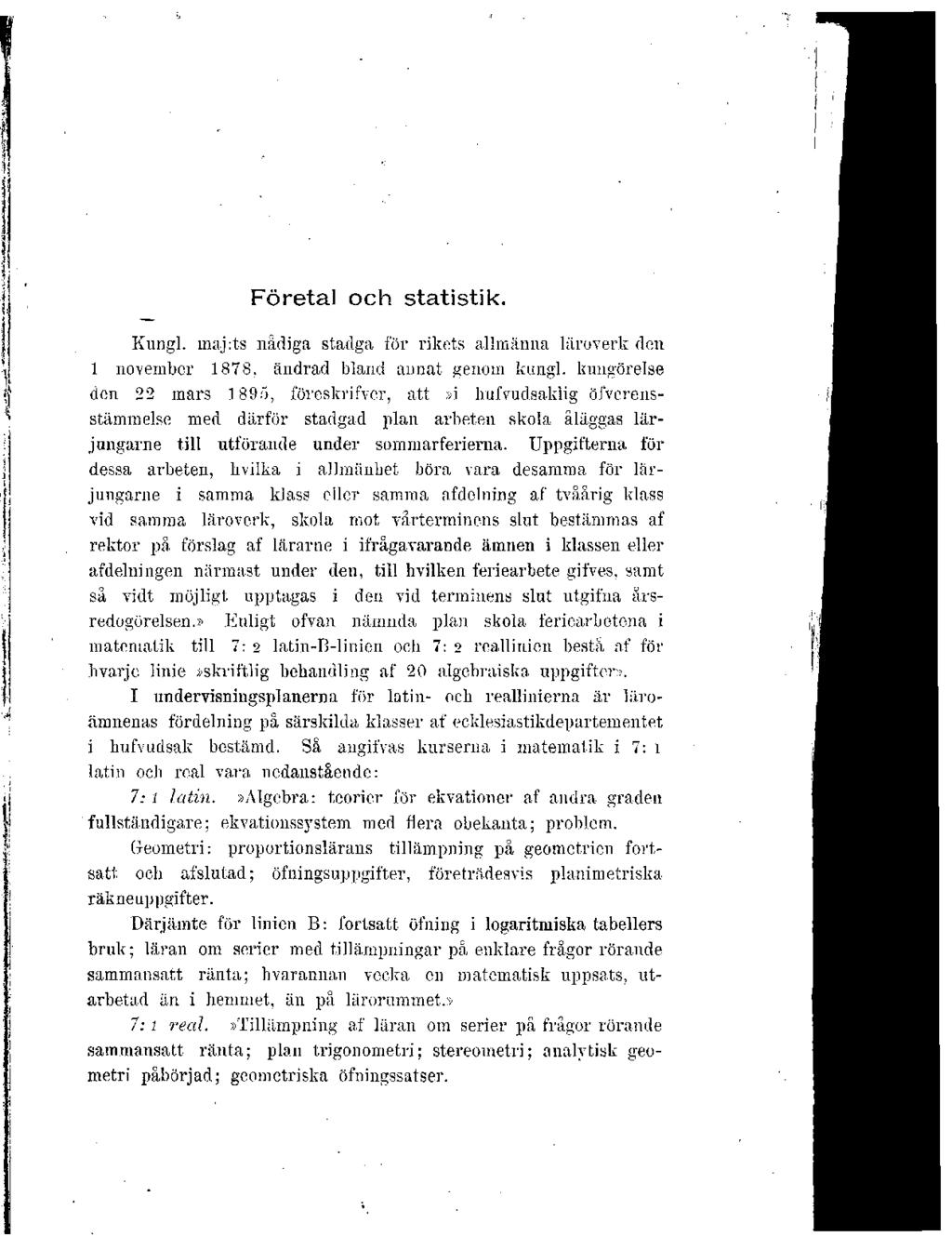 Företal och statistik. Kungl. maj:ts nådiga stadga för rikets allmänna läroverk den 1 november 1878, ändrad bland annat genom kungl.
