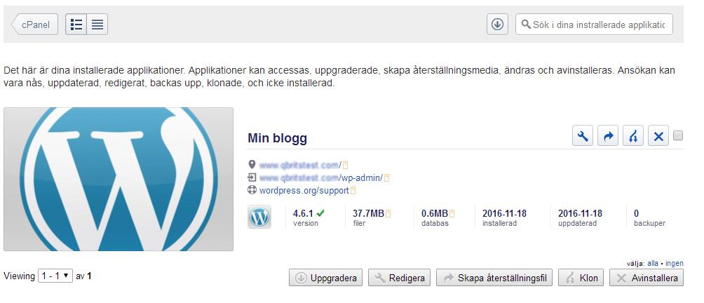 Efter en stund skall Wordpress installeraren dyka upp och visa information om den siten ni just installerat.