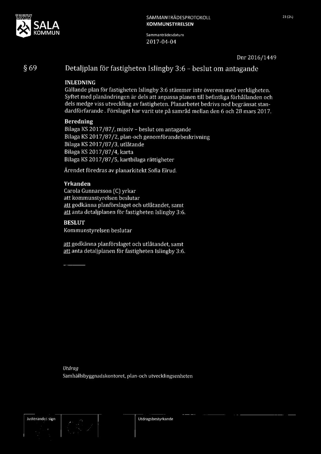 SAMMANTRÄDESPROTOKOLL H W i Dnr 2016/1449 69 Detaljplan för fastigheten Islingby 3:6 - beslut om antagande INLEDNING Gällande plan för fastigheten lslingby 3:6 stämmer inte överens med verkligheten.