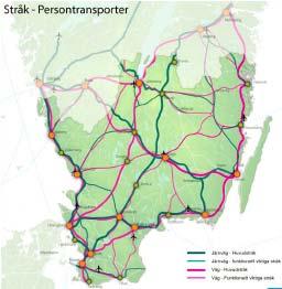 Länstransportplan för Kronobergs län 2018-2029 Stråk Ett nät av vägar och järnvägar av särskild betydelse för person- och godstrafik har identifierats med utgångspunkt från ortsstrukturen.