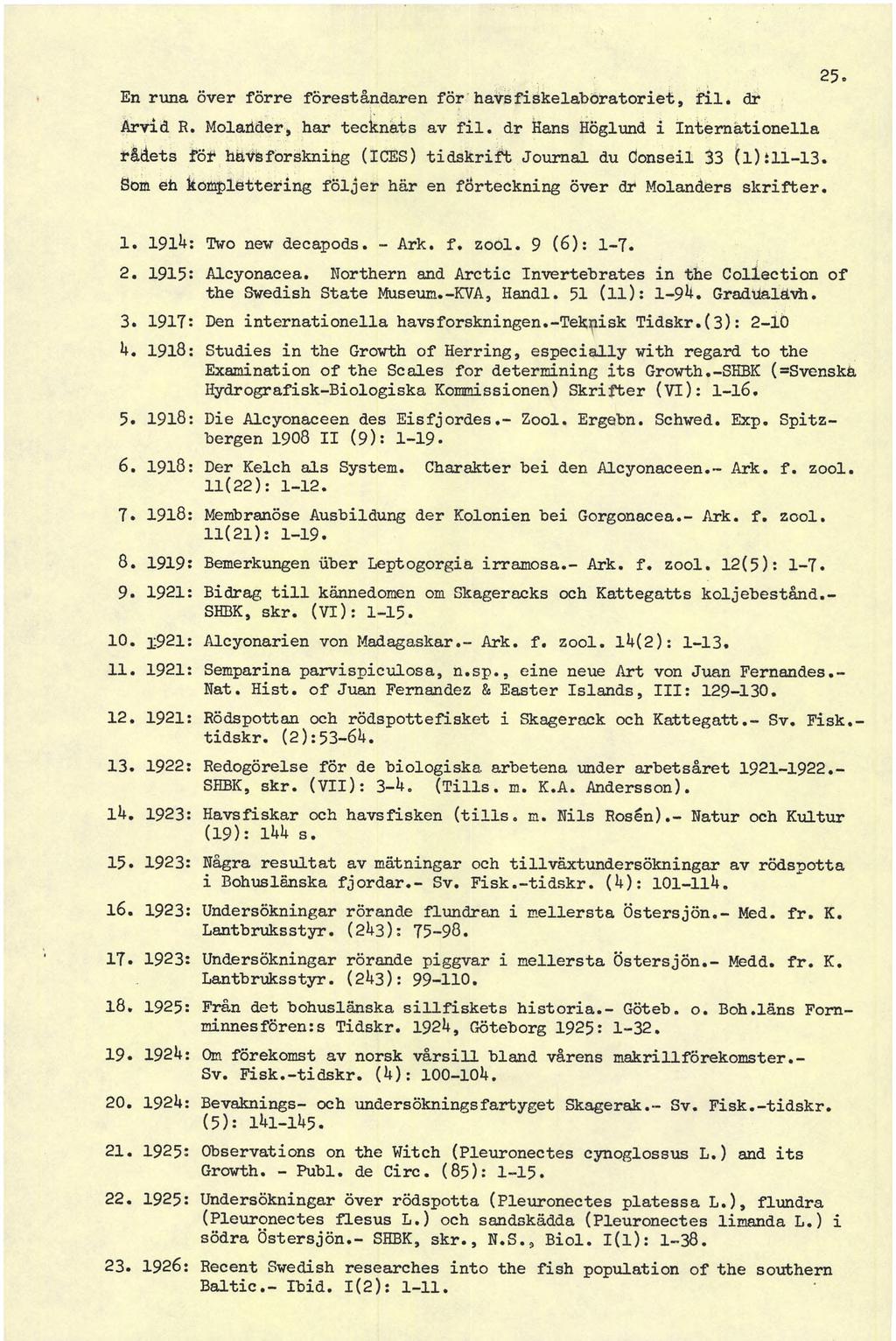 25 = En rima över förre föreståndaren för havsfiskelaboratoriet, fil. dr Arvid R. Molaöder, har tecknats av fil.