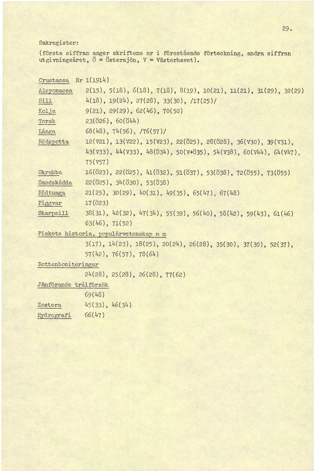 29. Sakregister: (första siffran anger skriftens nr i förestående förteckning,, andra siffran utgivningsåret, Ö = Östersjön, V = Västerhavet).