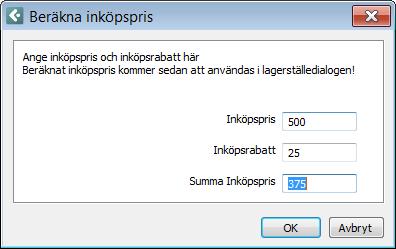 inköpspris och rabatt och avslutar med att trycka enter och priset beräknas, avsluta med att trycka OK och värdet kommer att skrivas in i inköpspris och kostpris fältet