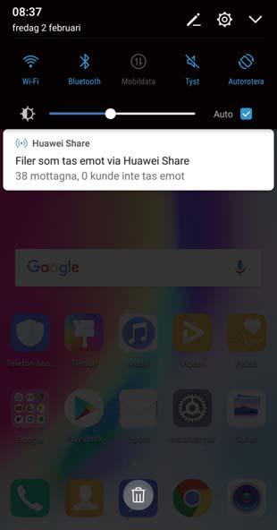 Enhetsanslutning Huawei Share Använda Huawei Share för att skicka filer: Markera den fil du vill dela och peka på Dela.
