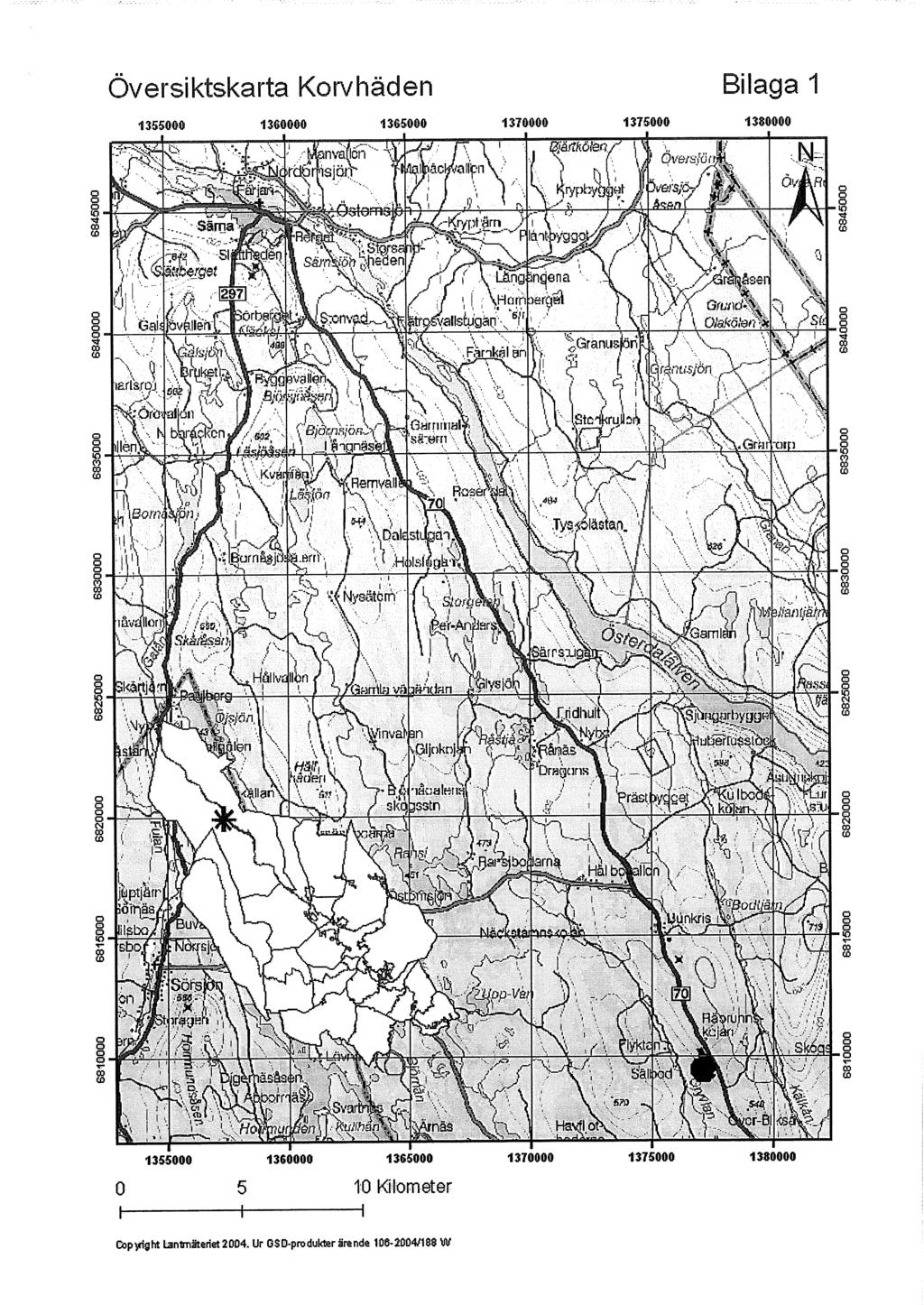 Översiktskarta Korvhäden Bilaga 1 1355000 1360000 0 1355000 1360000 1365000 10 Kilometer