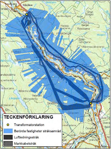 Figur 3. Figurerna visar i blått de fastigheter som samrådsmaterial skickades till i stråksamrådet (kartan till vänster) och sträckningssamrådet (kartan till höger).