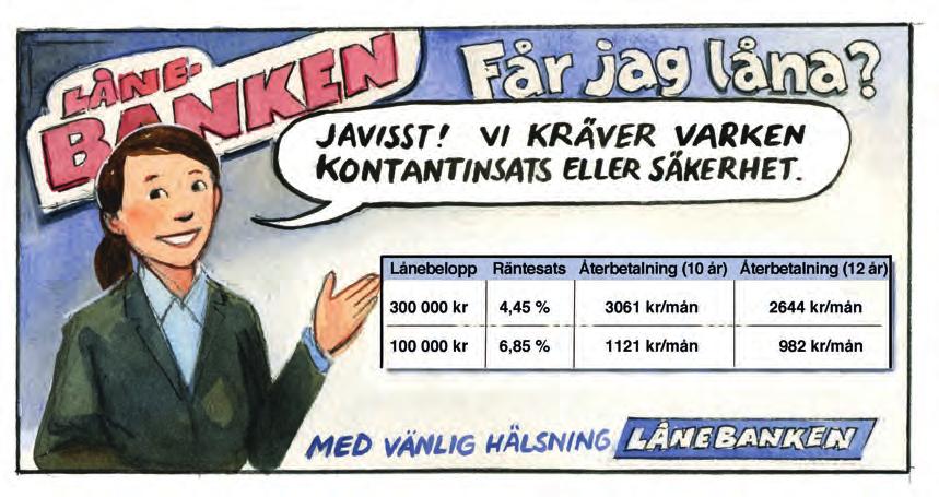 Del III 15. sin v = 0,5 a) Bestäm värdet av: 2 sin v (1/0/0) b) Bestäm värdet av: sin 2v (1/2/0) 16. I ett reklamblad fanns följande information. I återbetalning ingår amortering, ränta m.m. Renée funderar på att låna 100 000 kr med återbetalning under 10 år.