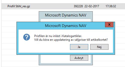 När priserna är inlästa visas följande meddelande om du vill att de uppdaterade priserna ska föras in i artikelregistret.