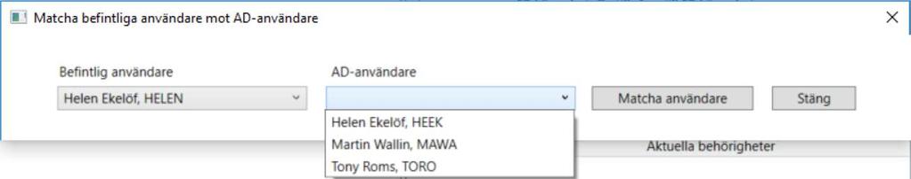 Välj Öppna fönster för matchning av befintliga användare mot AD-användare. Klicka på Utför åtgärd. 5. Välj den handläggare du önskar ändra handläggarid på i listan till vänster.