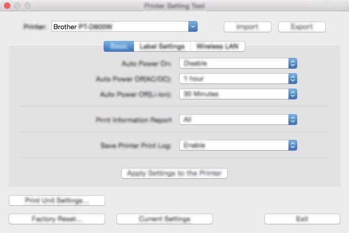 Ändra inställningarna för P-touch-etikettskrivaren Fliken Basics (Grundläggande) 6 1 2 3 4 5 6 1 Auto Power On (Automatisk start) Anger om skrivaren ska slås på automatiskt när nätsladden är ansluten