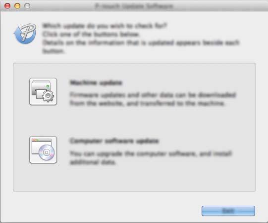 Uppdatera P-touch-programvaran Uppdatera firmware 17 Viktigt Skrivardrivrutinen måste installeras innan firmware-uppdateringen. Stäng inte av strömmen medan du överför data eller uppdaterar firmware.