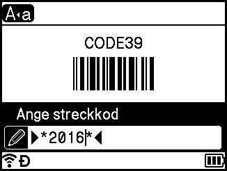 Skriva ut en etikett med P-touch-etikettskrivarens tangentbord e Ange streckkodsdata. Du kan ange specialtecken i streckkoden när du använder protokollen CODE39, CODE128, CODABAR eller GS1-128.