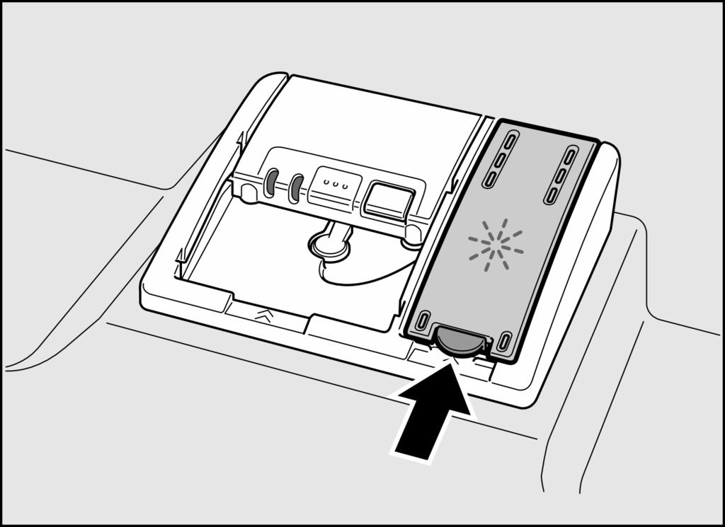 Fyll behållaren med vatten (endast nödvändigt första gången maskinen används). Fyll därefter på specialsalt som är avsett för diskmaskiner (inget hushållssalt eller tabletter).