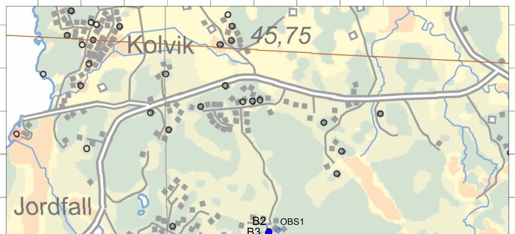 Jordlagren är mestadels tunna, vilket framgår av SGUs jorddjupskarta, se Figur 5. I området kring vattentäkterna är jorddjupet som mest 3 meter. Figur 5. SGUs jorddjupskarta nedladdad från kartgeneratorn.