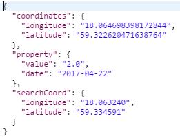 Denna kan delas in i olika fält: coordinates ger koordinaterna för punkten, property ger FWI-indexet