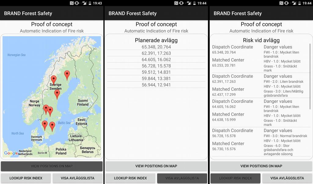 5.2 Proof-of-Concept Modell Den applikation som utvecklats avser att uppfylla mål 1, 2 och 3. 5.2.1 Mål 1 Huvudapplikation, Risk vid avlägg Figur 29: Huvudapplikationens vyer I figur 29 syns huvudapplikationens vyer.