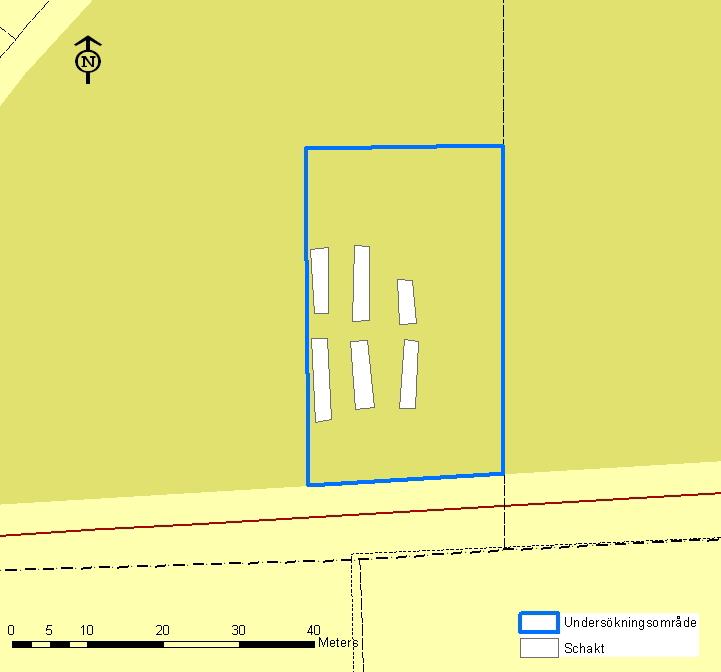 Lödöse museum Fig. 3. Plankarta som visar undersökningsområdet samt grävda schakt. Fynd av flinta och bränt ben förekom i de båda västligast belägna schakten. Utsnitt ur Digitala Fastighetskartan.