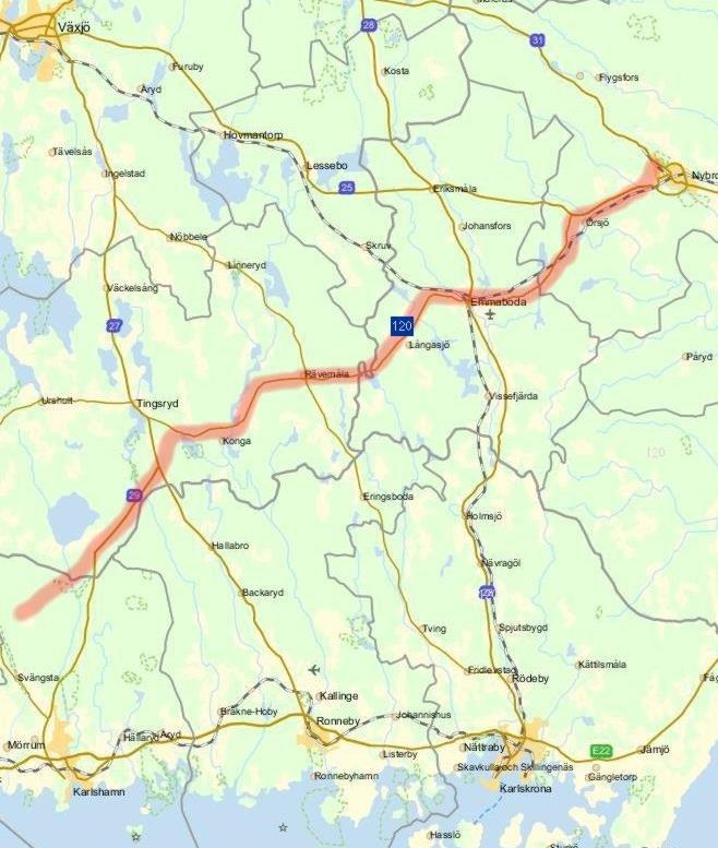 SAMMANTRÄDESPROTOKOLL 10 (17) Översiktlig karta mellan Nybro och Hemsjö, med förslag till samförläggning av kabel i huvudsak utmed väg 25, 120 och 29.