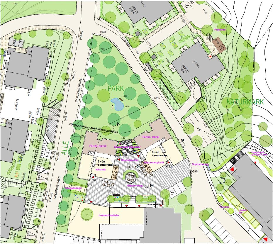 BOTKYRKA KOMMUN 14 [18] sjukhuset. Den aktuella detaljplanen ger möjlighet att bygga park, bostäder och centrum i den här delen med max 5000 kvm byggnadsarea i fem våningar.