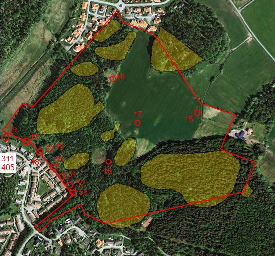 Figur 1. Översikt över borrpunkter från tidigare geotekniska undersökningar relevanta för aktuellt detaljplaneområde. Gula områden är ungefärliga fastmarkspartier.