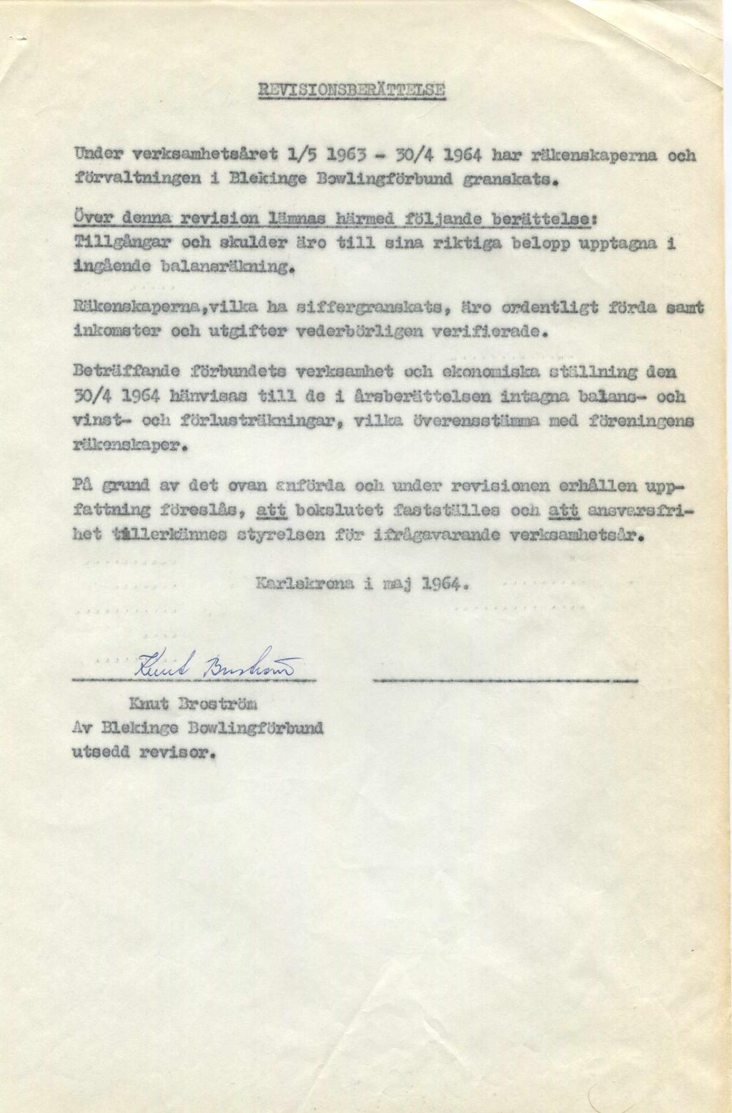 Under verksamhetsåret 1/5 1963-50/4 1964 har räkenskaperna och förvaltningen i Blekinge Bowrlingförbund granskats* över denna revision lämnas härmed följande berättelse t Tillgångar och skulder äro