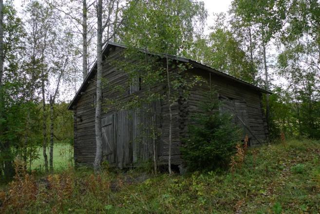 Objekt 14 Brädlada i kanten mellan vallåker och skog. Ladan har tak av pannplåt och står lite nedsjunken i marken och börjar därför bli i lite dåligt skick.