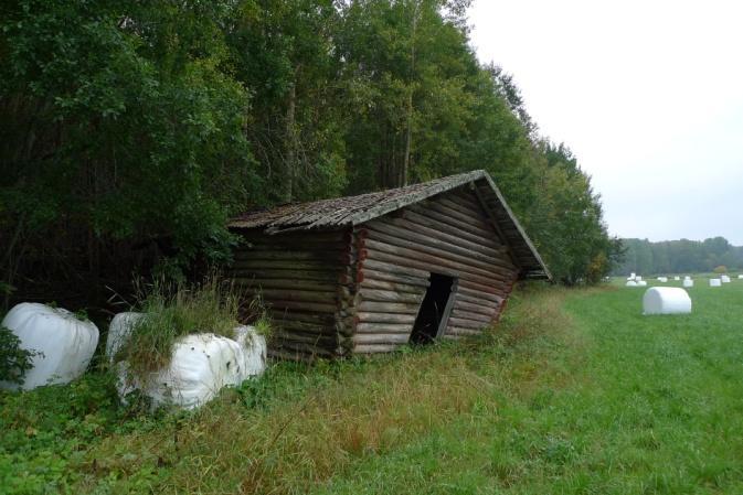Objekt 58 Timmerlada med bilade stockar och brädklädda väggar (foto nedan t.v.). Taket har rasat in och byggnaden bär spår av rödfärgsmålning.