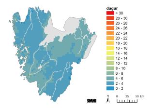 Det varmare klimatet medför en ökad risk för värmeböljor. Figur X: Årsmedeltemperatur. Kartorna visar observerat 1991-2013, samt beräknat 2021-2050