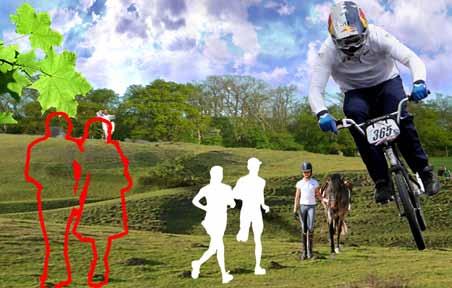 De möter ett gäng på mountainbike, några personer som hastar fram i löparkläder och längre bort ser de också ett gäng som kånkar på kanoter.