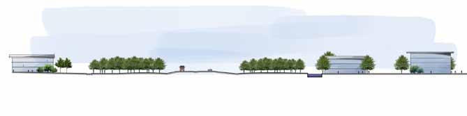 N S 8 Söderleden Företagsdammarna Sektion 8: Sektion mot öster med befintlig bebyggelse på norra sidan och ny på den södra.