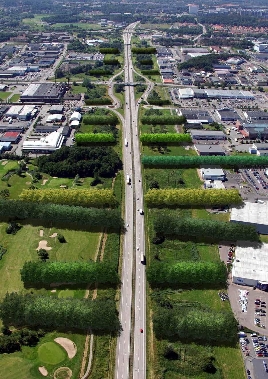 Flygbild Söderleden från öster Figur: De strukturerande trädraderna som korsar Söderleden ger en tydlig