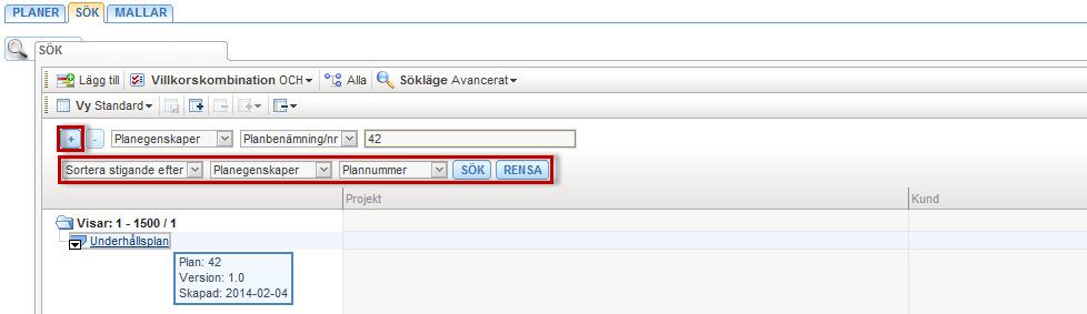 I exemplet nedan visas AVANCERAT sökläge, där en sökning gjorts på planegenskaper. Sökningen på plannummer 42 har i det här fallet returnerat ett resultat.