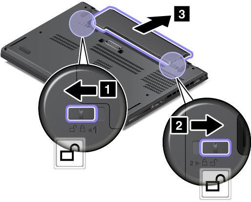 3. Skjut sedan spärrarna 1 och 2 till det upplåsta läget och håll kvar dem där. Ta sedan ur batteriet 3. 4. Sätt dit ett nytt batteri. Det ska klicka till när det är på plats.