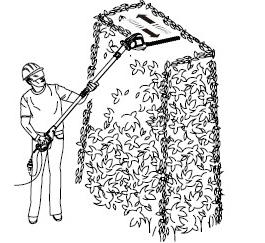 7. Vid klippning av en ny häck kan det rekommenderas att använda en svepande rörelse så grenarna leds direkt in i svärdet. Använd även en svepande rörelse vid äldre häckar med tjocka grenar.