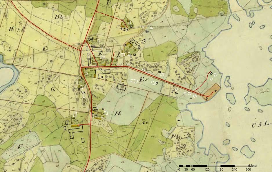 Gunnarstorp, 2017 års karta med vita bostadshus, svarta uthus och röda vägar ovanpå en karta från 1844.