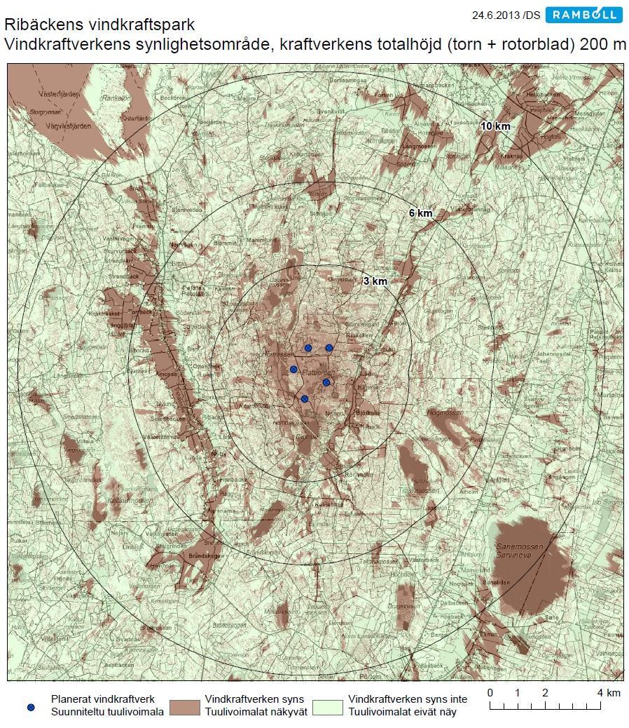 1-31 Inom närinfluensområdet (<3 km) syns vindkraftverken tydligt i öster till Björknäs, Rönnholm och Ribäckens odlingsområden och till Ribäckens- samt Rainebäckens ådal.