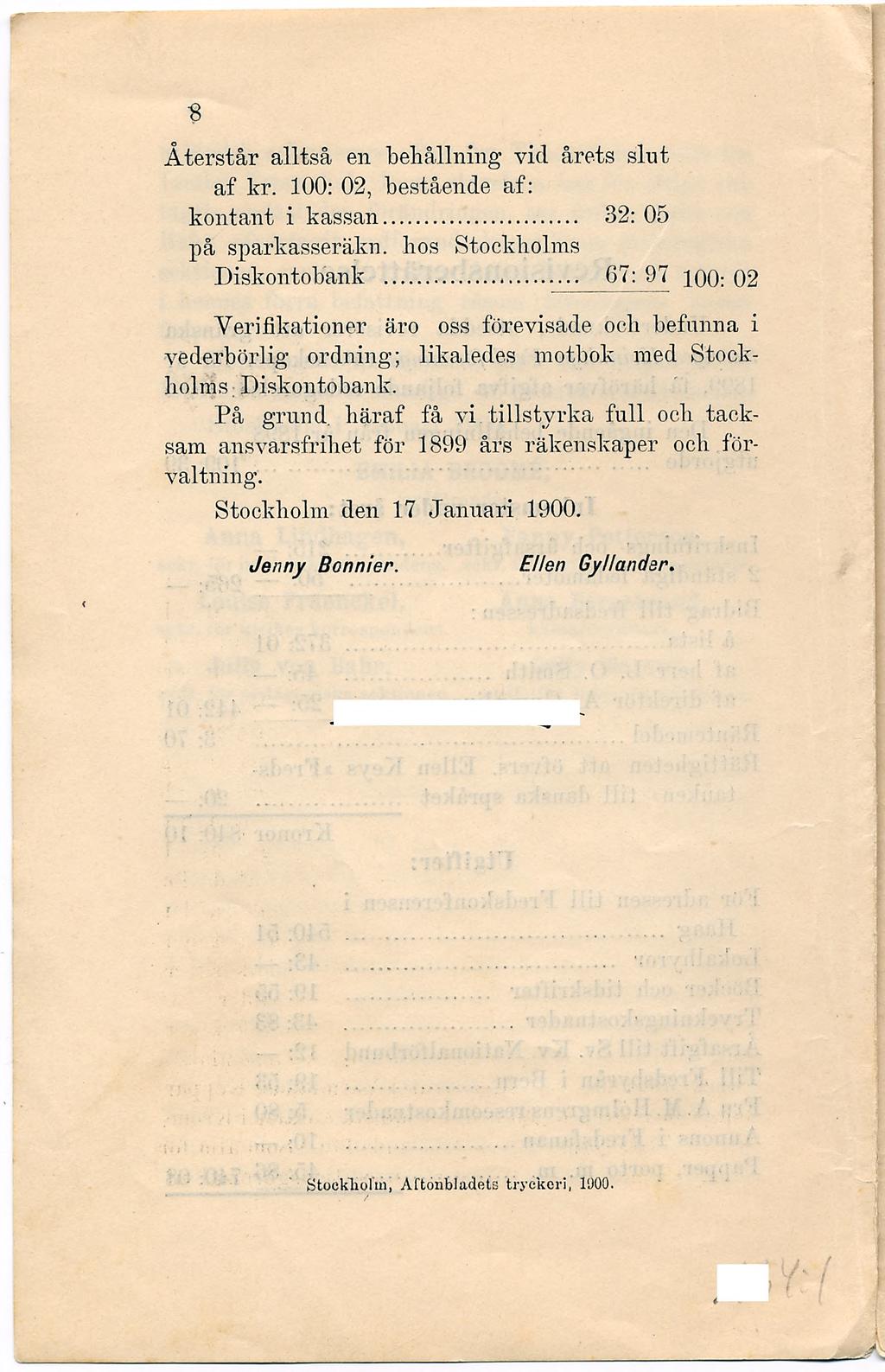 8 Återstår alltså en behållning vid årets slut af kr. 100: 02, bestående af: kontant i kassan... 32: 05 på sparkasseräkn. hos Stockholms Diskontobank.