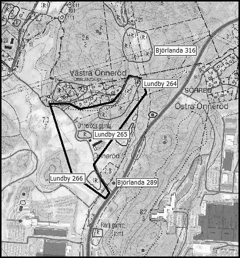 Figur 3. Undersökningsområdet i Sörred, ca 125 hektar stort. Underlag: fastighetskartan, skala 1:10 000. Ur allmänt kartmaterial lantmäteriet. Medgivande I2066/2006.