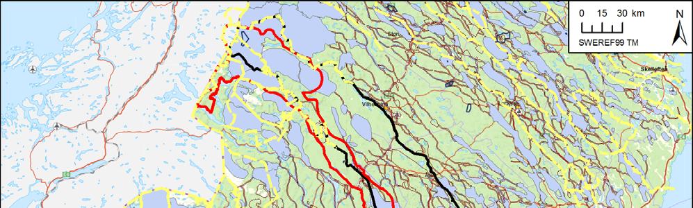 KOMPLETTERING AV MKB MED ANDRAHANDSALTERNATIV Figur 9: Riksintressen för rennäring i Vilhelmina södra och Voernese samebyar och riksintresse för mineral. 3.