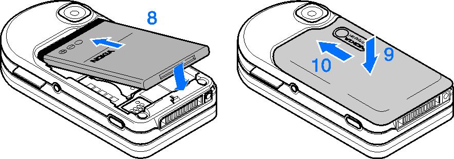 Sätt SIM-kortet ordentligt i hållaren (5). Stäng SIMkorthållaren (6) och lås den genom att skjuta den åt sidan (7). Byta batteri (8). Observera batterikontakterna.