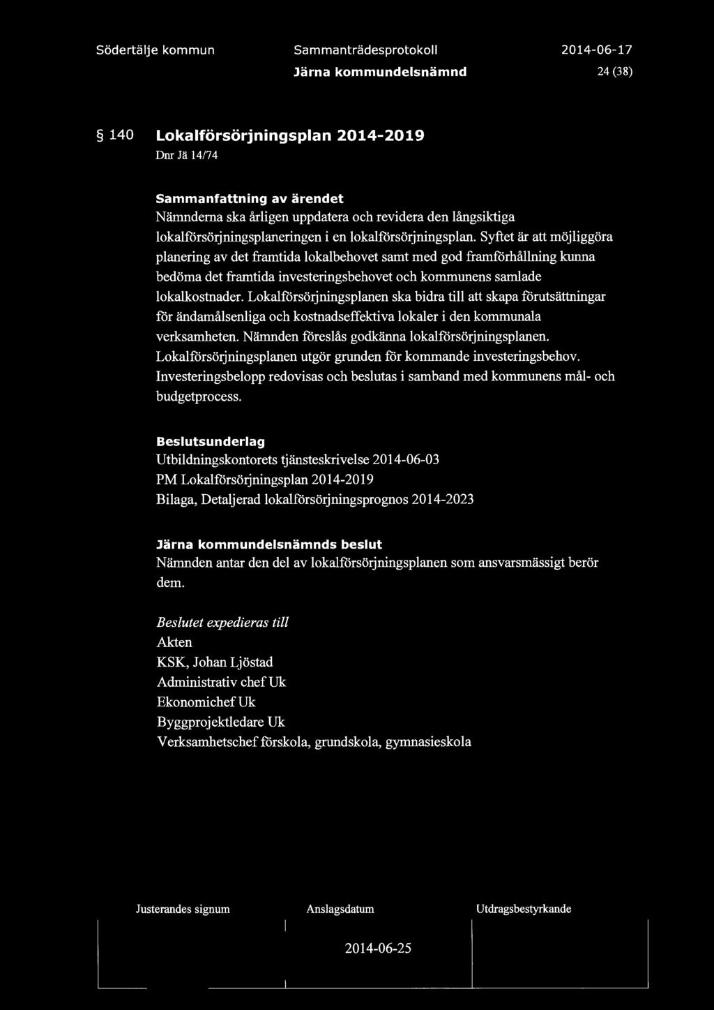 Sam manträdesprotoko 24 (38) 140 Lokaförsörjningspan 2014-2019 Dm Jä 14/74 Sammanfattning av ärendet Nämnderna ska årigen uppdatera och revidera den ångsiktiga okaforsörjningspaneringen i en