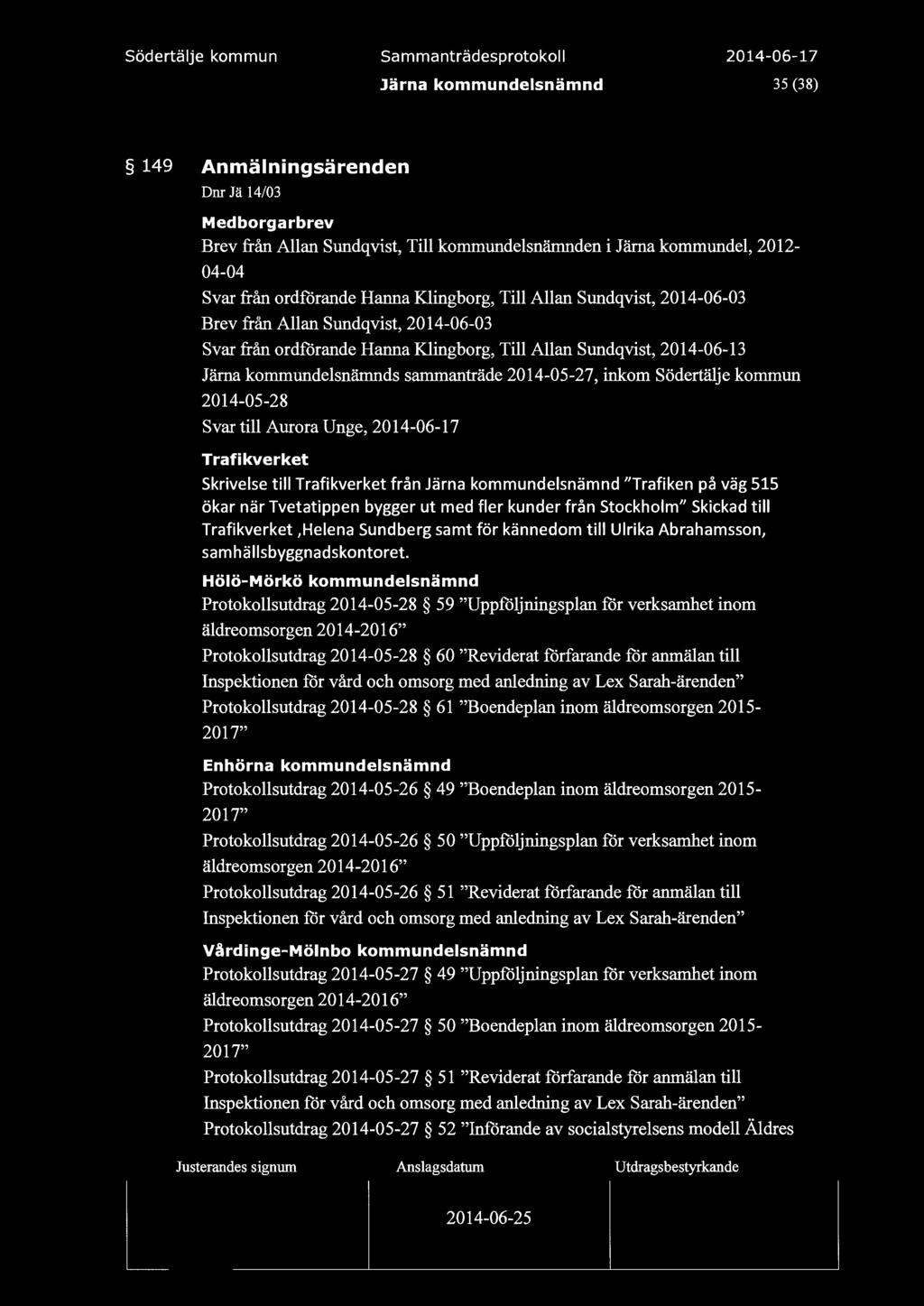 Sammanträdesprotoko 35 (38) 149 Anmäningsärenden Dm Jä 14/03 Medborgarbrev Brev från Aan Sundqvist, Ti kommundesnämnden i Järna kommunde, 2012-04-04 Svar från ordforande Hanna Kingborg, Ti Aan
