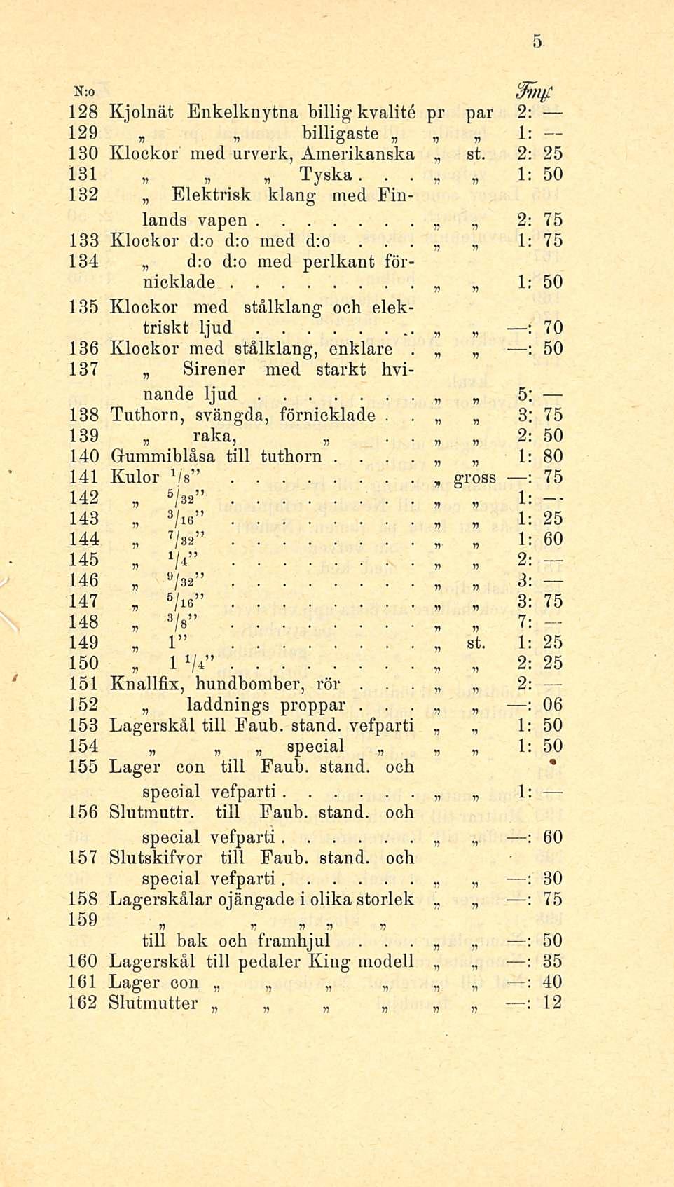 _ m K;o 128 Kjolnät Enkelknytna billig kvalité pr par 2: 129 billigaste 1: 130 Klockor med urverk, Amerikanska st 2: 25 131, Tyska 1: 50 132 Elektrisk klang med Finlands vapen 2: 75 133 Klockor d:o