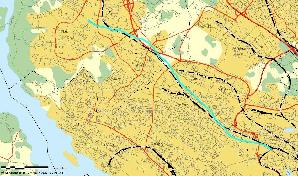 Figur 6 Vattenförekomsten av den 10 km långa Bällstaån. Källa: VISS, 2016. Bällstaån rinner huvudsakligen genom bebyggda områden med bostäder och industrier.