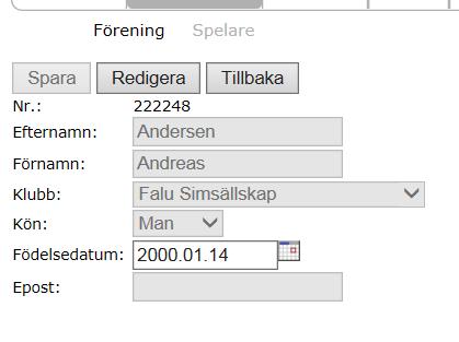 Manual FX för vattenpolo Sida 11 av 30 3. Klicka till på Ändra till vänster om namnet på den spelare du vil ändra uppgifter på. Klicka på Redigera och ändra de uppgifter som är felaktiga.